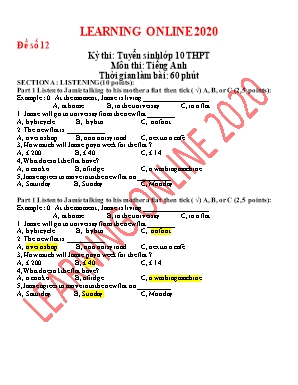 Đề thi tuyển sinh Lớp 10 THPT môn Tiếng Anh năm 2020 - Đề số 12